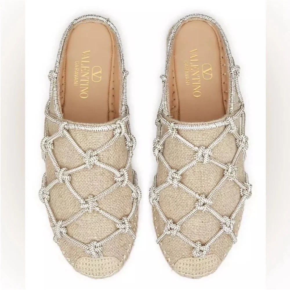 New VALENTINO GARAVANI Crystal-embellished linen espadrille mules $1,150 35